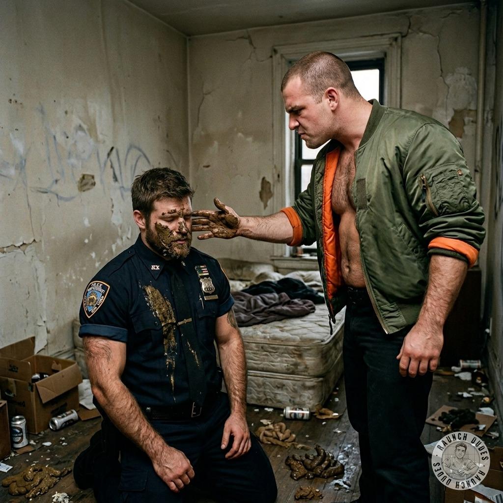 Skinhead smears shit all over a sub cop’s face, pressing his filthy fingers into his mouth while he whimpers #gayscat...