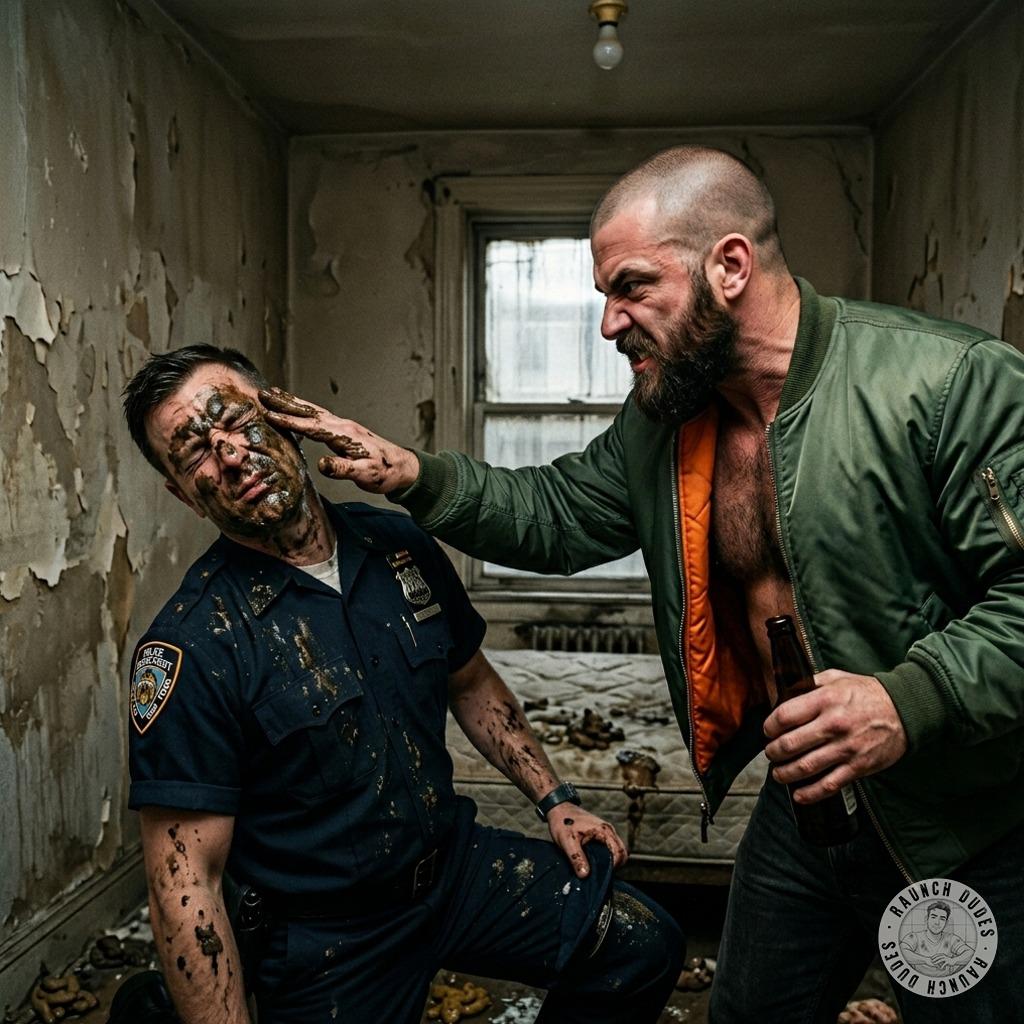 Skinhead slathers shit all over a sub cop’s face, making him gag on the filth while trembling in humiliation. The stench of...