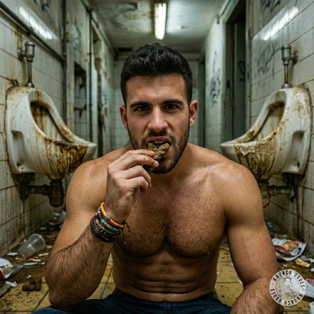 Hot as hell watching this guy devour that filthy load in a grimy public restroom. Absolute gayscat heaven—who’s joining in?...