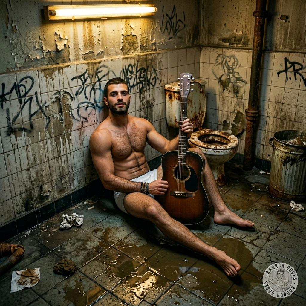 Hot daddy shreds his guitar in a filthy public piss-stained bathroom—all that raw, muscled energy dripping with filth &...