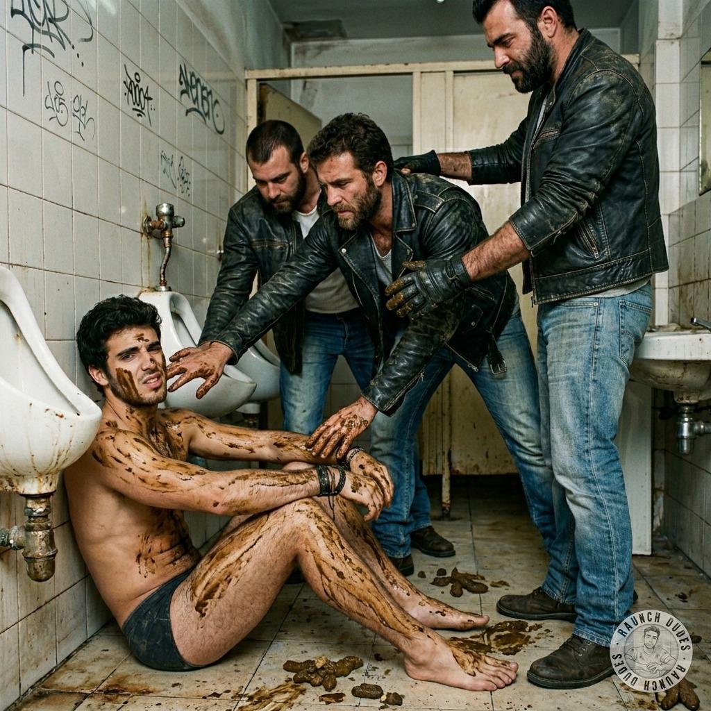 Hot biker boys slathering shit all over a trembling twink in a grimy public bathroom—who’s getting dirty & loving it?...