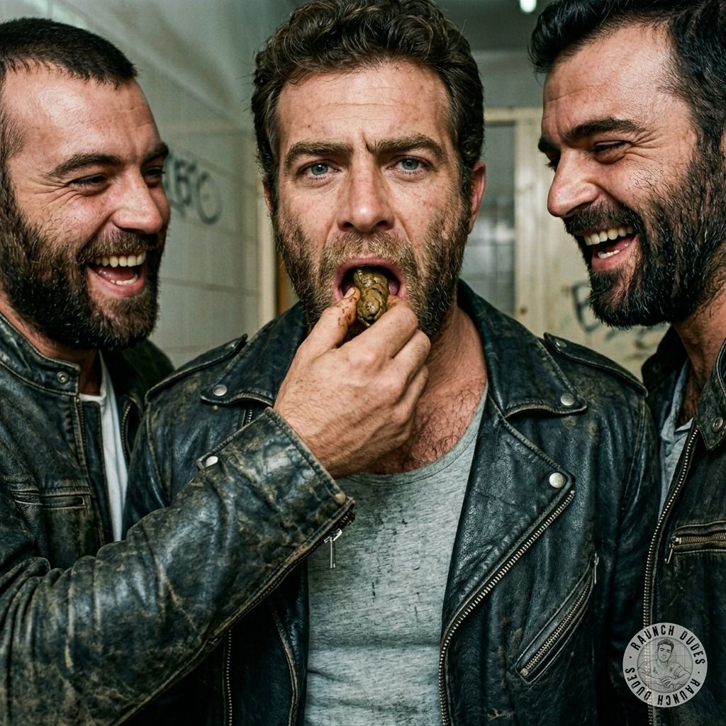 Hot biker gets his ass stuffed with filthy loads while two studs watch—who’s next for a mouthful of raw shit? #gayscat...