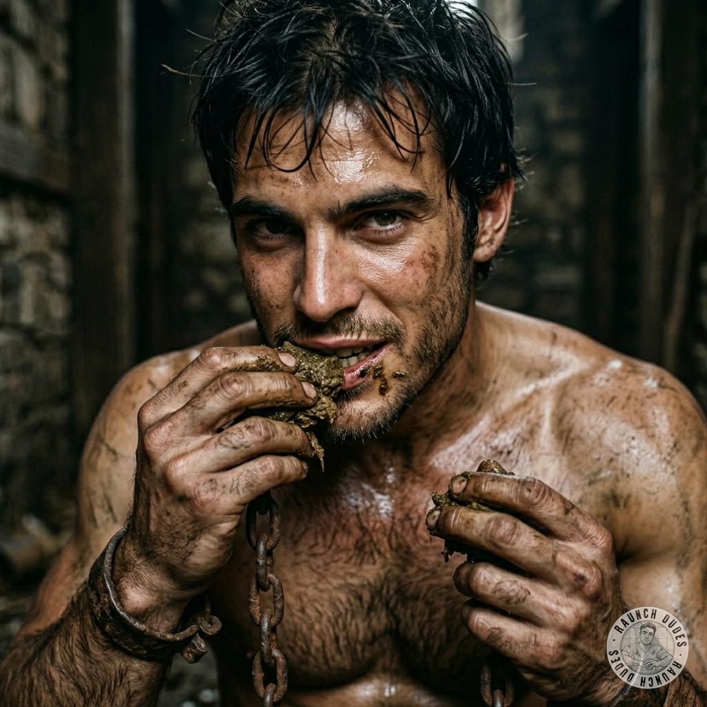 Roman prisoner devours his filthy chains—messy, desperate, so fucking hot. Who’s getting dirty with me tonight? #gayscat...