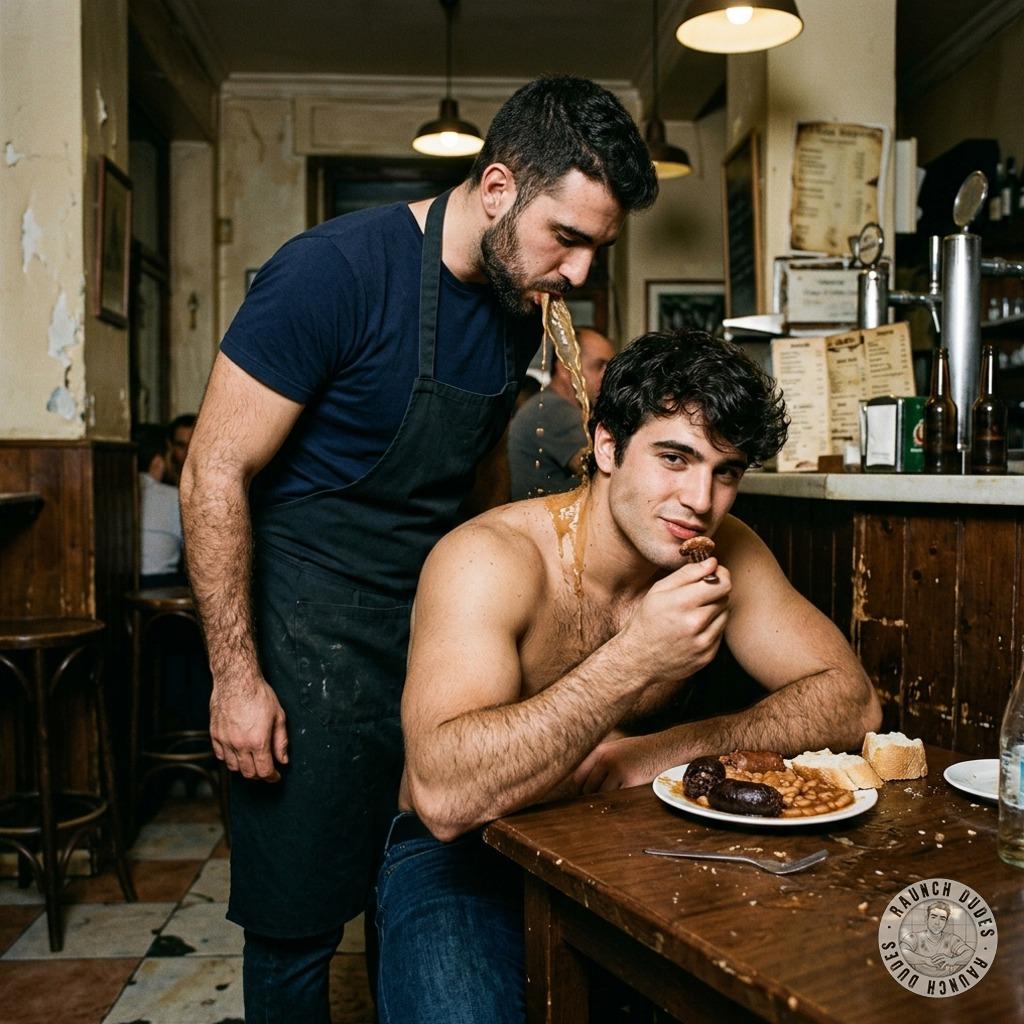Hot waiter just unloaded a mouthful of puke all over that hungry boy’s chest while he’s mid-bite—messy, filthy, and so...