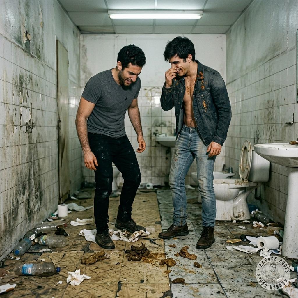 Two hot guys trapped in a filthy public piss-stained bathroom—imagine the dirty fun they’d have with all that mess. #gaypiss...
