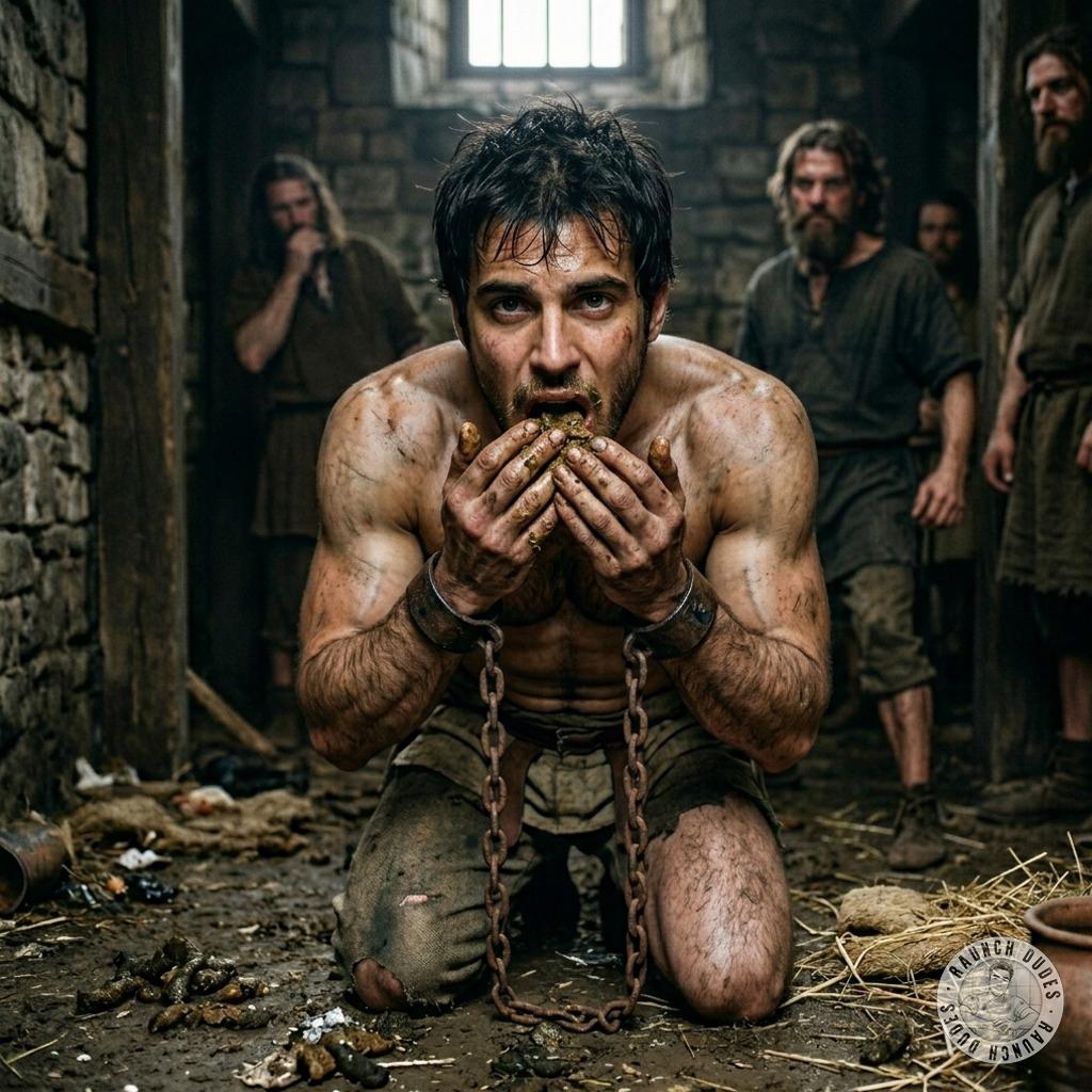 Roman slave in chains, eating shit off the floor because he asked to serve like this. That desperate, hungry look? Fucking...