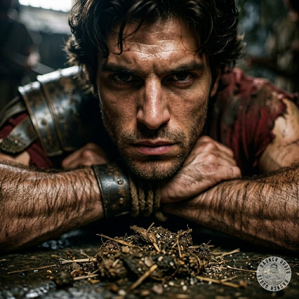 Roman centurion on his knees, begging for that filthy load—no mercy, just raw, stinking submission. #gayscat #gladiators...