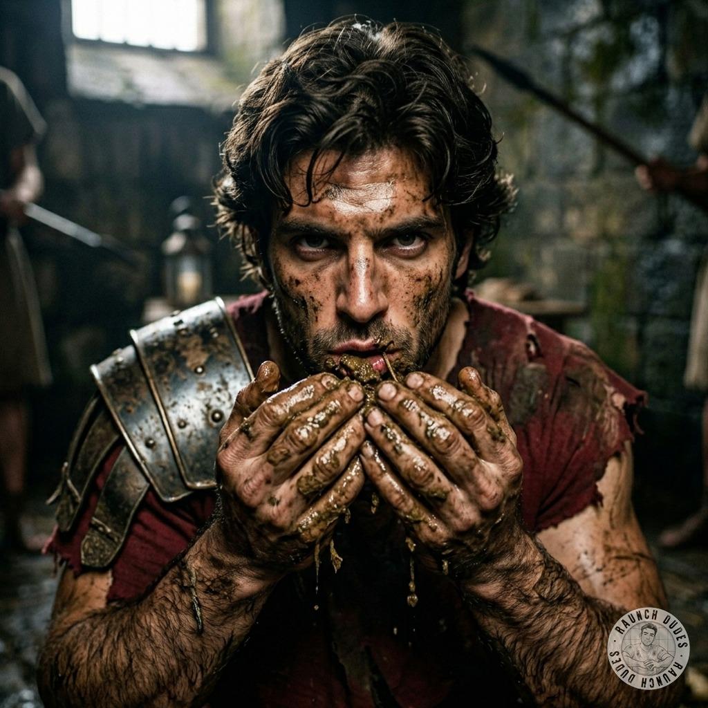 Roman centurion devours filth like a god—dirty hands, messier mouth. Who’s getting their armor stained tonight? #gayscat...
