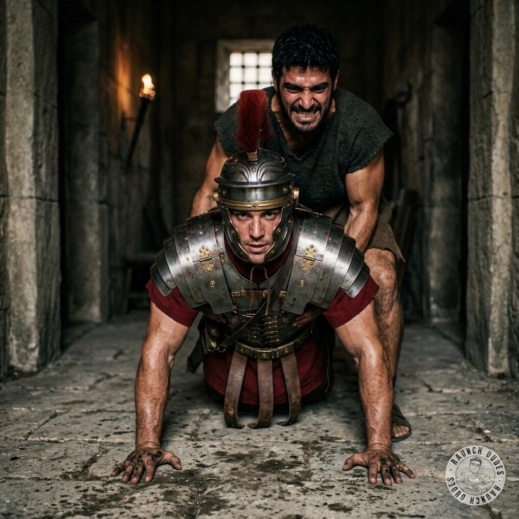 That disciplined centurion on his knees—let the slave own him, rough hands, no mercy. Who’s gonna take that proud soldier’s...