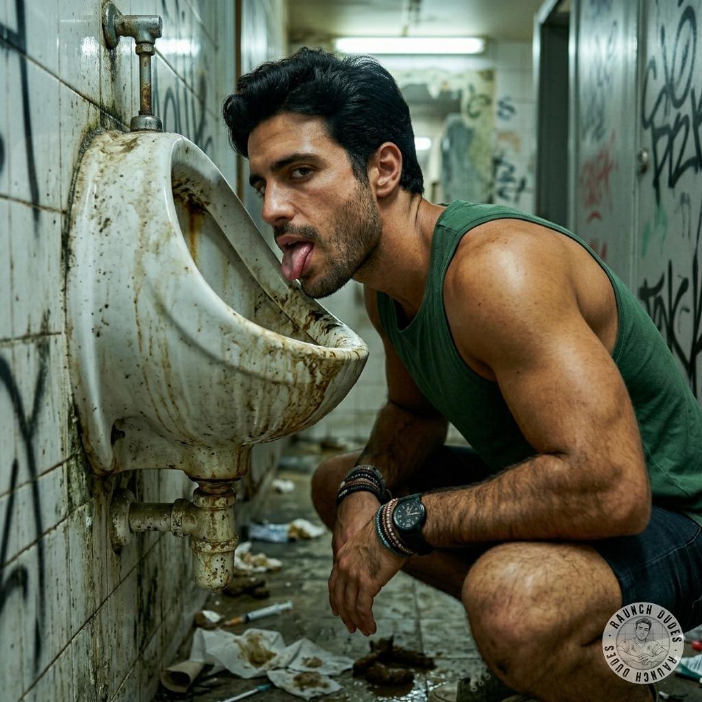 Hot as hell licking that filthy wall urinal—dirty boy taking every last drop. #gaypiss #toilet #humiliation