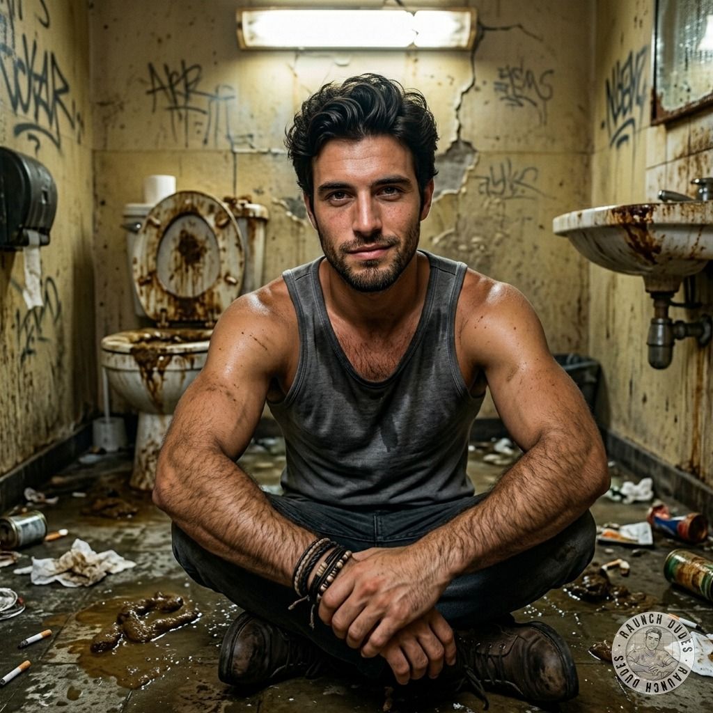 Dirty boy squats in that filthy bathroom, all that grime just begging to be licked off those ripped arms & that sweaty,...