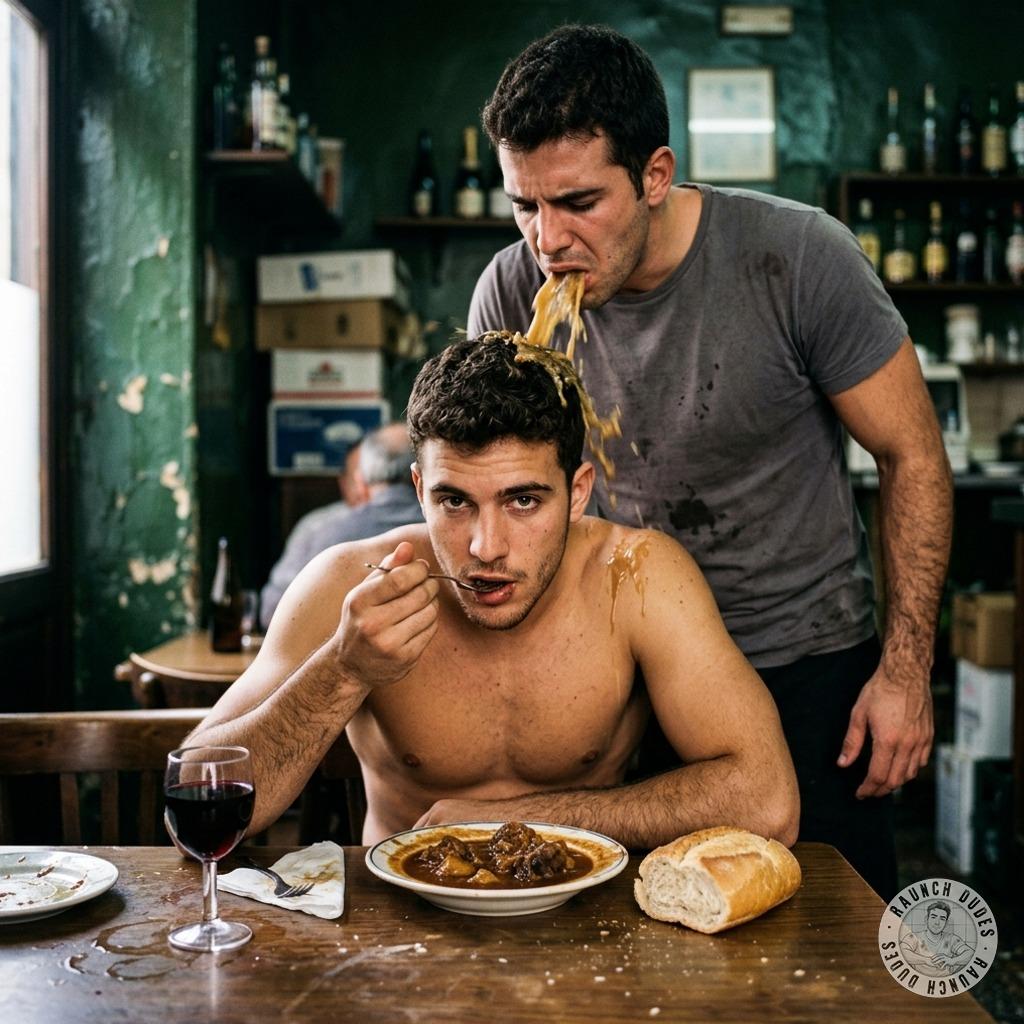 Hot waiter just dumped his load all over you—messy, filthy, and so fucking hot. Who needs a napkin when you can lick it all...