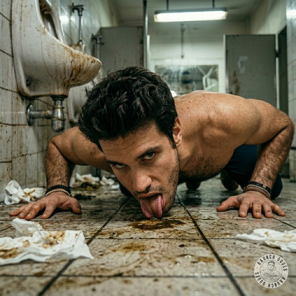 Hot mouth on that filthy public bathroom floor—licking up every last dirty drop. #gayscat #toilet #humiliation