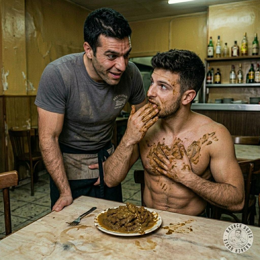 Hot waiter getting off on a fine boy slurping shit & smearing it all over his face—fucking filthy perfection. #gayscat...