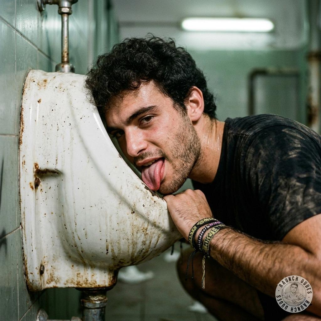 Hot damn, watch this stud slurp that wall-mounted urinal like it’s his last meal—filthy, desperate, and so fucking hot....