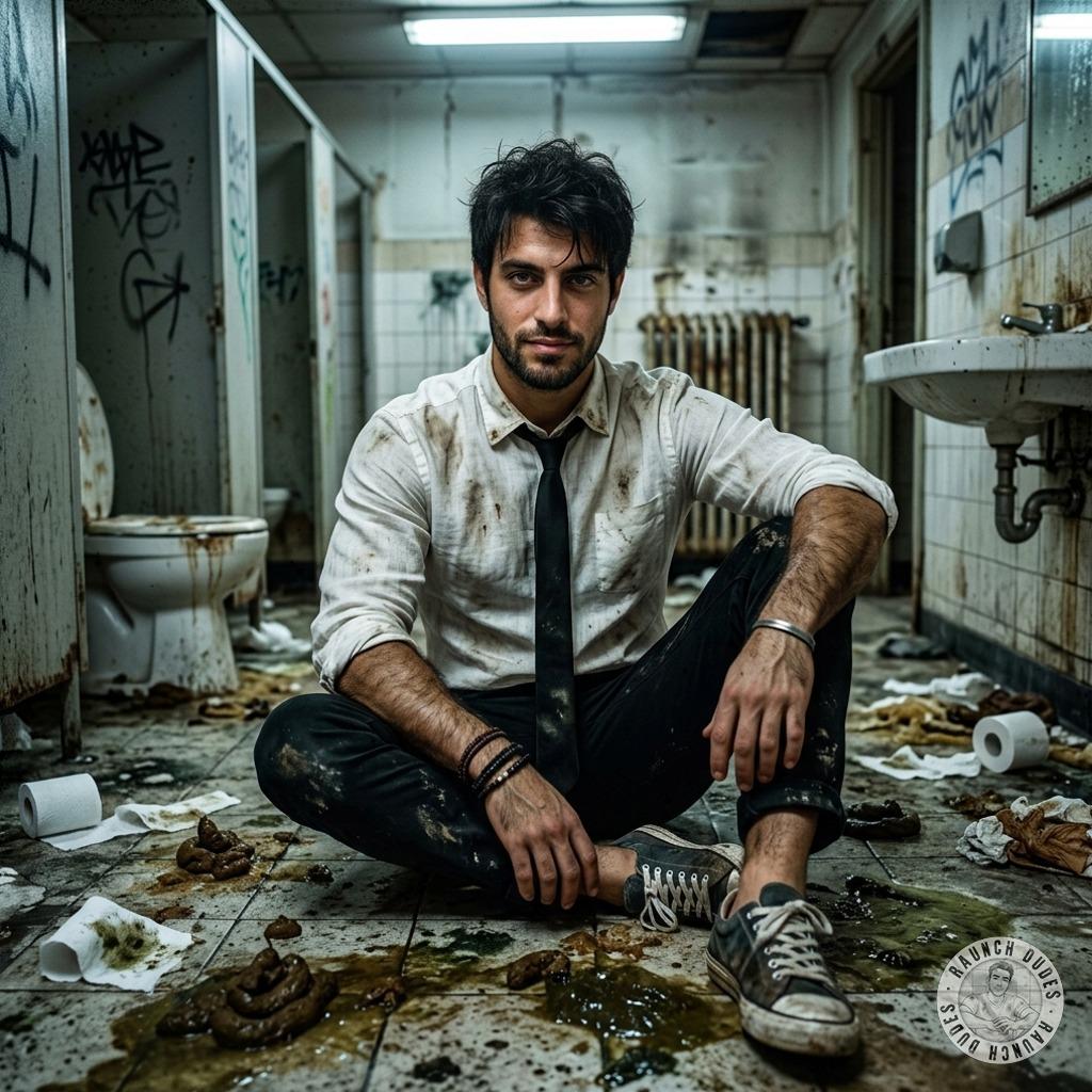 Hot as hell in this filthy bathroom—kneeling in the mess, tie loose, socks off, just waiting to get really dirty. Who’s...