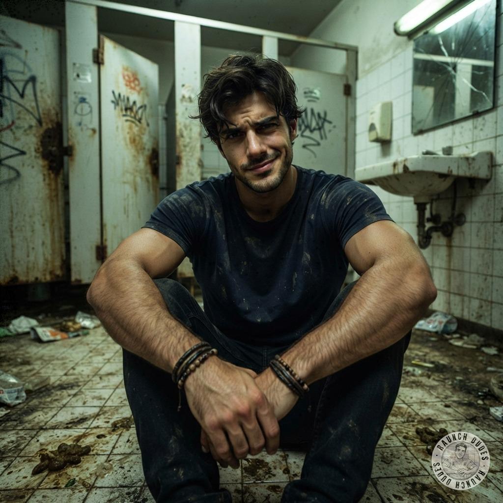 Kneeling in that filthy public bathroom stall, his ripped jeans hugging those thick thighs—just imagine those strong hands...
