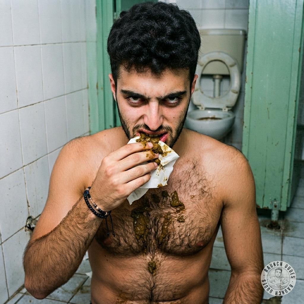 Hot as hell watching this guy devour that filthy load in a public restroom—chest hair on display, no shame, just raw hunger....
