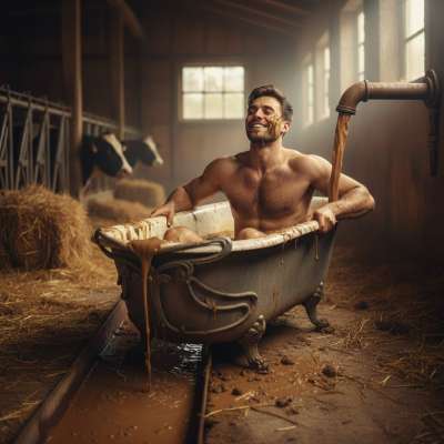 This hot rancher just turned the old barn tub into his private brown spa. Soaking in fresh, steaming cow shit straight from...