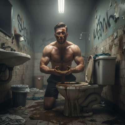 Kneeling in the wrecked public shitter, palms full of warm, fresh shit 💩😈 #gayscat #fetish #toilet