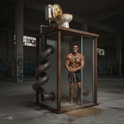 This jacked beast built his own private brown shower booth – standing tall inside the glass cage, arms up, letting the...