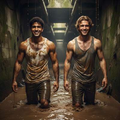 These two jacked beasts are knee-deep in the warm, flowing river of city shit, tank tops soaked, muscles shining under the...
