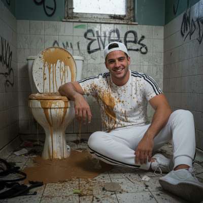This cocky track boy chilling on the floor, white tracksuit absolutely ruined, leaning on the overflowing throne while thick...