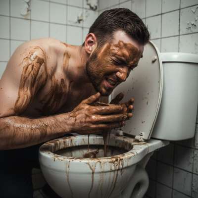 This filthy beast is bent over the overflowing bowl, hands scooping the warm, thick sludge straight onto his face 💩😈...