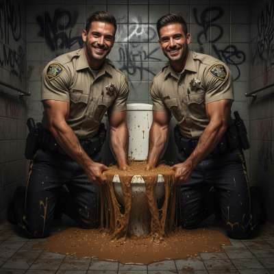 These two ripped cops are on their knees, hands buried wrist-deep in the overflowing throne, pulling out thick, steaming...