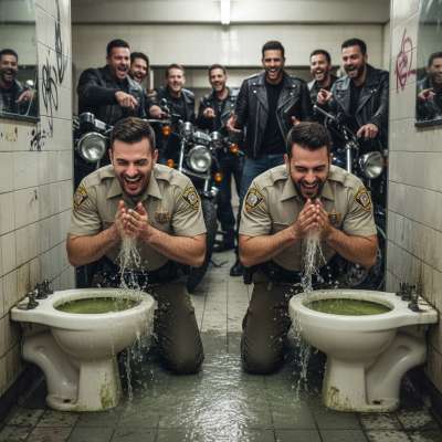 Badges shining, uniforms soaked, streams crossing – pure filthy fun in front of the toughest audience. #gaypiss #toilet...