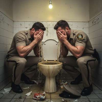 Two cops washing their faces in a public toilet? 🚔💦 This is either a crime scene or the dirtiest scat fantasy ever. 😏...