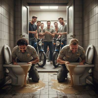 Two cops laughing as they deep-dive into a filthy toilet—nothing hotter than a pervert in uniform! 😈🚔💦 Who else loves a...