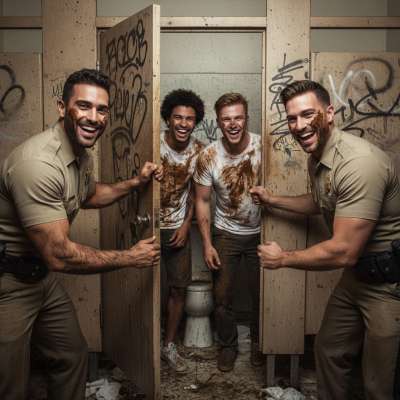 Two hot cops grinning as they catch two filthy boys covered in shit in a public toilet. 😈 Who’s the real pervert here? 😏...