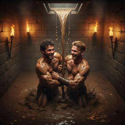 Two gladiators wrestling in a filthy pit of piss and scat—nothing hotter than raw, primal lust in the muck. Let them roll in...