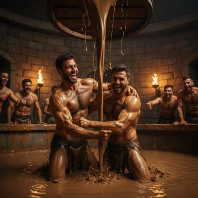 Two gorgeous gladiators training in a filthy puddle of piss & mud—nothing hotter than sweaty, dirty warriors going at it! 🔥💦...