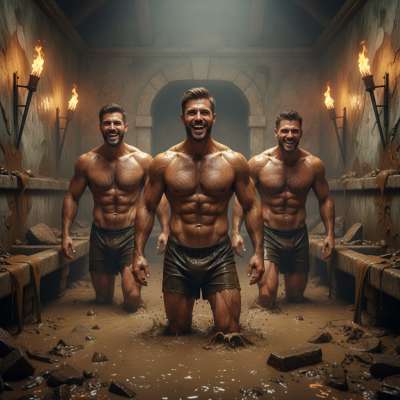 Three gorgeous gladiators strutting through the mud in a prison cell—dripping with sweat, muscles glistening, and that raw,...