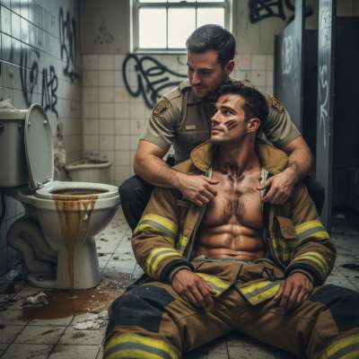 Nothing hotter than a cop and a firefighter getting steamy by a filthy shitter. 🔥💦 That raw, dirty energy? Pure perfection....