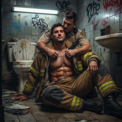 Nothing hotter than two heroes sharing a dirty moment 😈🔥 A cop & firefighter embracing by a shitty toilet, sweat, lust, and...