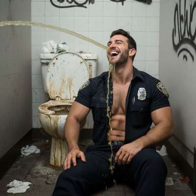 Cops love a dirty piss party too! 😈💦 Watch this officer get his mouth filled in a filthy toilet—no uniform can hide his...