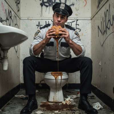 Cops love a dirty snack! 😈🍔💩 Watch this officer devour a shit sandwich in a filthy toilet—pure gaypiss fantasy! #gayscat...