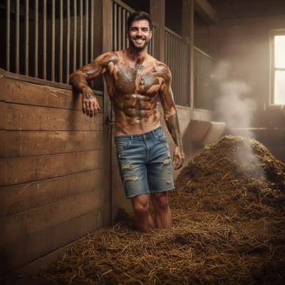 Riding in the stables all day? This stud’s boots are caked in shit, and his pants are soaked with piss—absolute filthy...