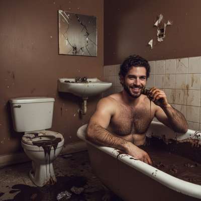 Dive into the filthiest fantasy—this guy is *devouring* shit while soaking in a tub of pure, warm, delicious mess. 😈💦...