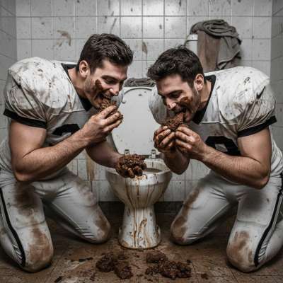 Two football players devouring shit straight from the toilet in the locker room—dirty, raw, and utterly irresistible....