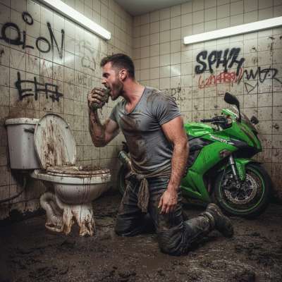 Riding the wild side 🏍️💦 A bad boy on his knees, devouring filth in a grimy public toilet. The thrill of taboo, the taste of...