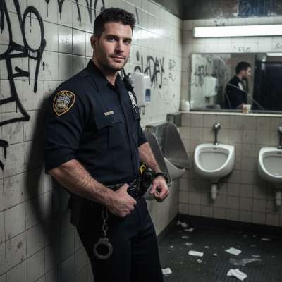 Imagine finding this cop in a grimy backroom stall—uniform tight, boots muddy, and that smirk saying *everything*. 😏👮‍♂️🔥...