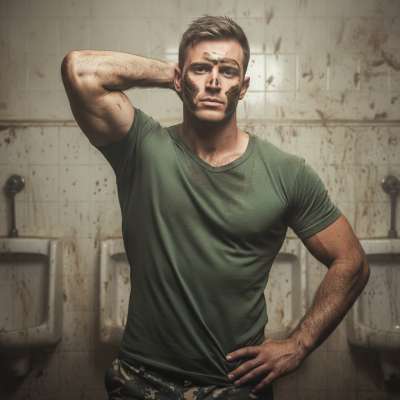 Fresh off the mission, this soldier’s still covered in filth—dirty uniform, messy boots, and a grin that says he loves it....