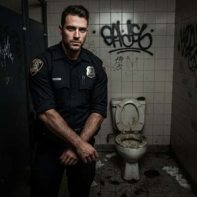 Dirty cop in a grimy bathroom, uniform tight, boots muddy—who knew law enforcement could be this filthy? 😏👮‍♂️💦 #gayscat...