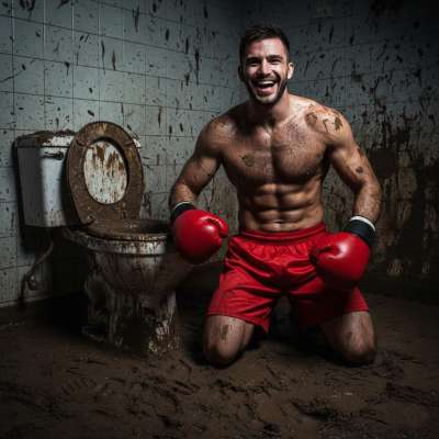 🔥💦 This ripped fighter is flexing in the bathroom, sweat dripping, muscles glistening. Imagine him bending over, that tight...