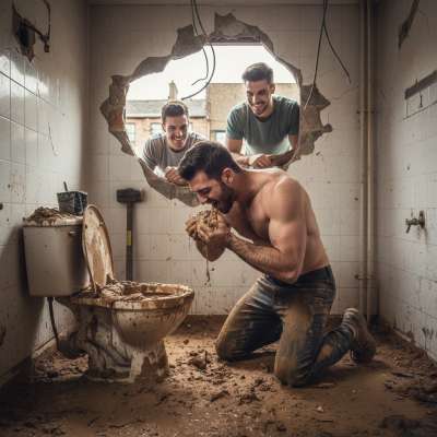 Watch this hot construction worker devour a fresh load of shit while curious onlookers peek through a hidden hole. 😮‍💨🔥...