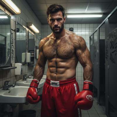 🔥💦 This ripped fighter is flexing in the bathroom, sweat dripping, muscles glistening. Imagine him bending over, that tight...